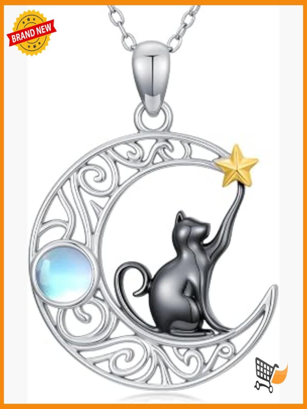Sterling Silver Pendant Necklace with Moonstone, Cat Charm